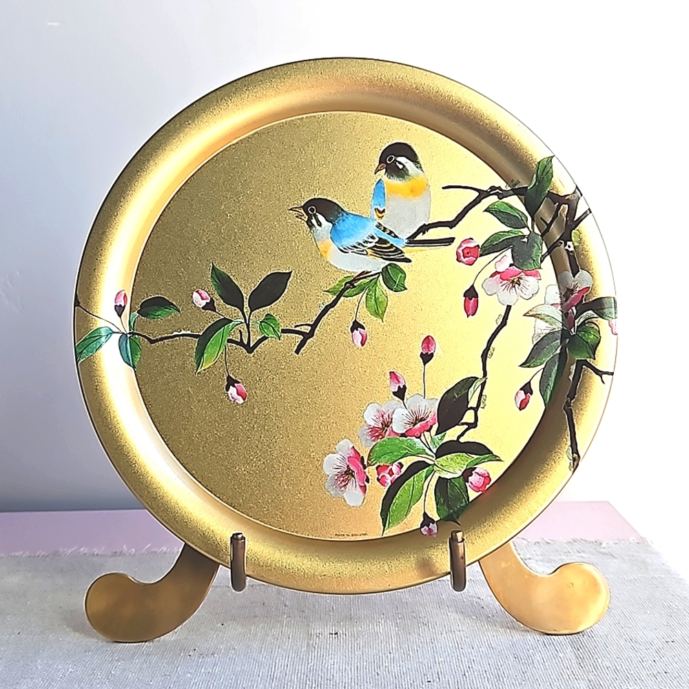 Vintage Elite England Small Tin Tray Gold with Floral & Birds Design 10" Round